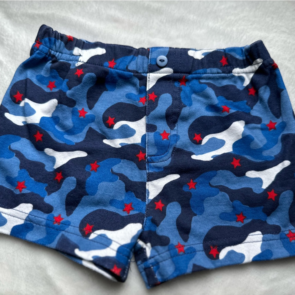 Infant shorts, blue and white camo with red stars